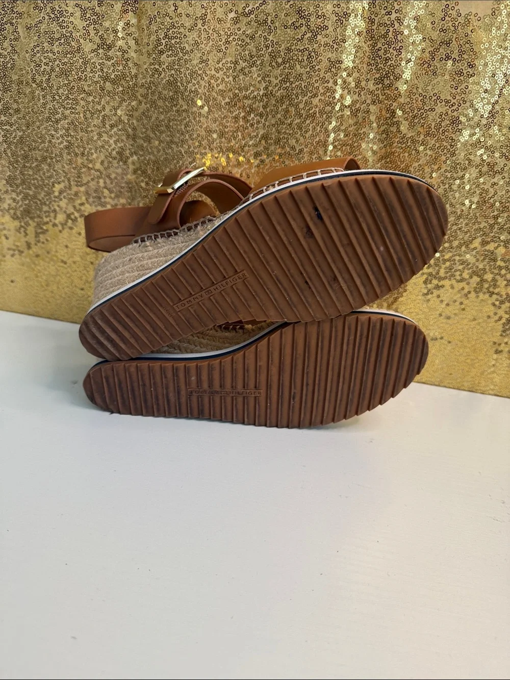 Tommy Hilfiger Cognac Leather Espadrille Wedge Sandals